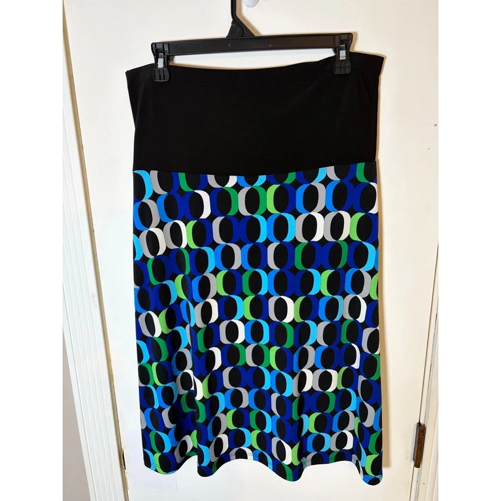 MSK Petite Geometric Print Midi Skirt Blue Green Black Mod Link Pattern PM